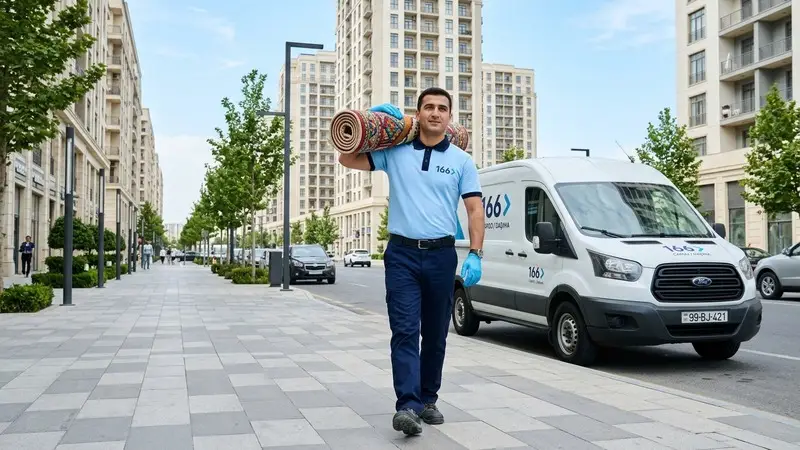 166 Carpet Cleaning courier picking up a rolled carpet in Yasamal district