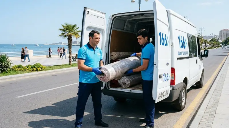 166 Carpet Cleaning workers loading clean packaged carpets into a delivery van in Sumgait