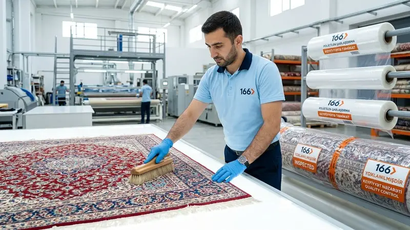 166 Carpet Cleaning quality control specialist inspecting and brushing a clean dry carpet before packaging