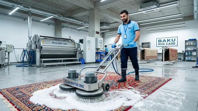 166 Carpet Cleaning specialist operating a rotary carpet washing machine in Baku