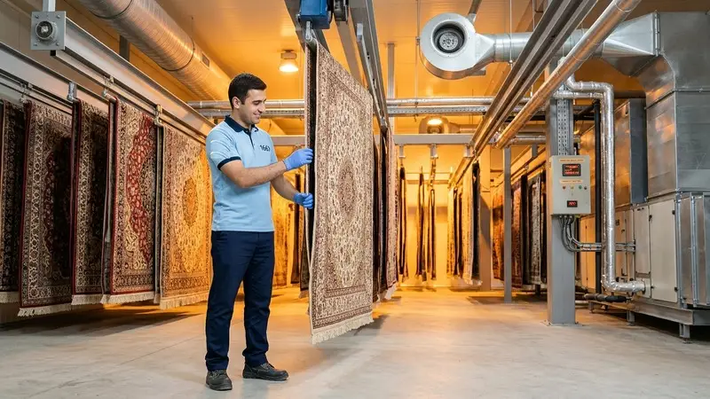 166 Carpet Cleaning technician checking dry carpets inside a climate-controlled indoor drying room