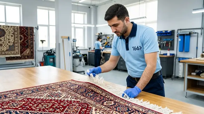 166 Carpet Cleaning specialist inspecting the knots and fringes of a hand-knotted Azerbaijani carpet