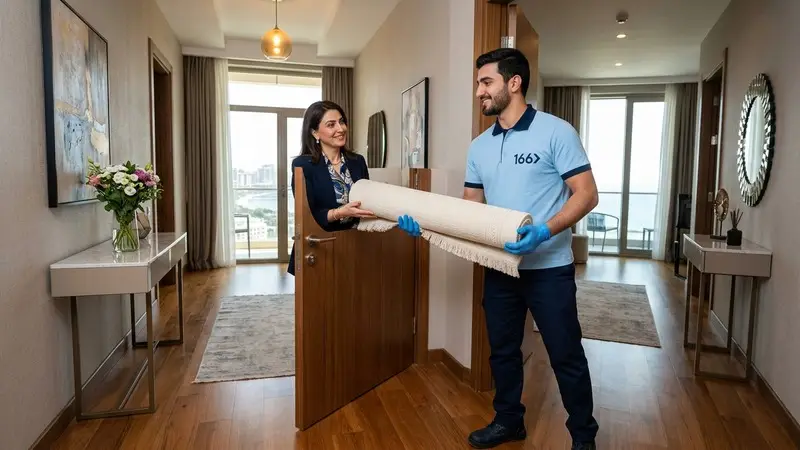 166 Carpet Cleaning courier receiving a cream carpet from a homeowner in a Narimanov apartment