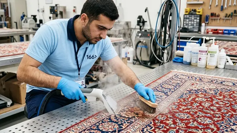 166 Carpet Cleaning specialist removing a tough spot stain on a stainless-steel spotting table