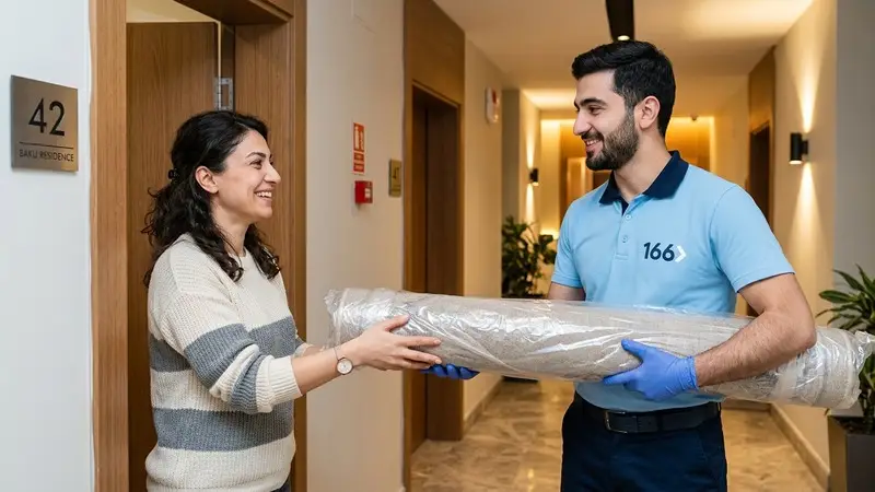 166 Carpet Cleaning courier delivering a clean packaged carpet to a customer at her apartment door
