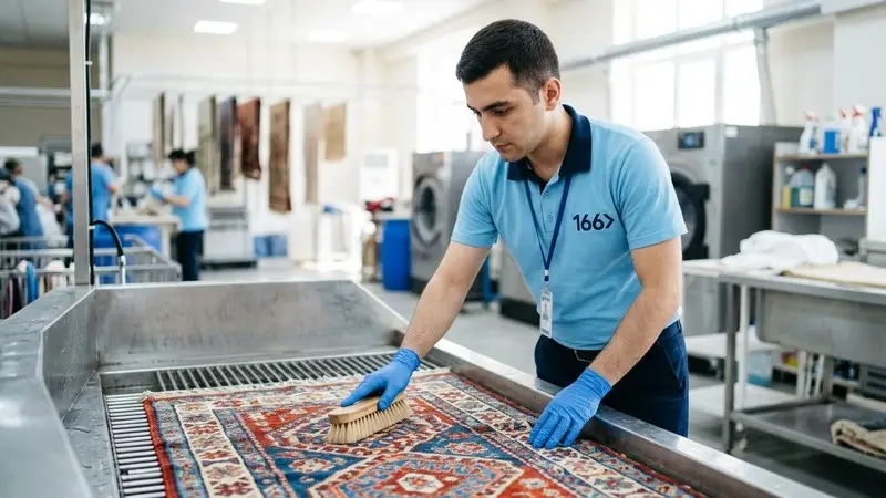 166 Carpet Cleaning specialist gently brushing a woven kilim rug
