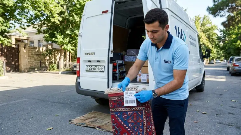 166 Carpet Cleaning worker attaching a barcode tag to a rolled carpet in Bakikhanov