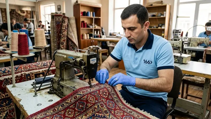 166 Carpet Cleaning craftsman stitching a carpet edge on an industrial overlock machine