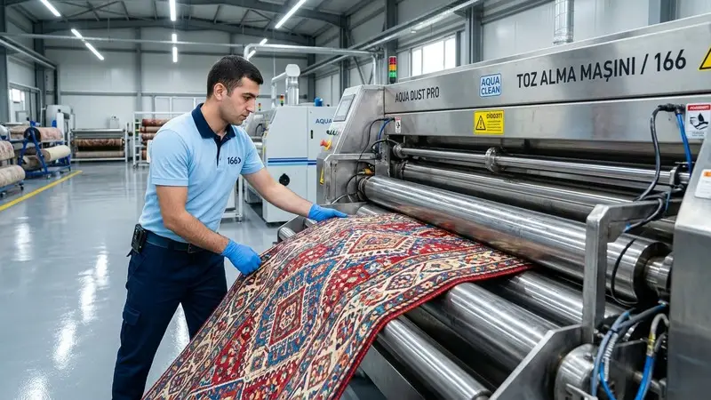 166 Carpet Cleaning technician feeding a carpet into an automatic dust-beating machine