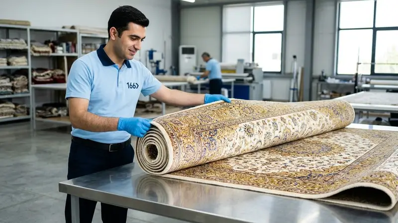 166 Carpet Cleaning specialist unrolling an ornate Iranian and Turkish medallion carpet