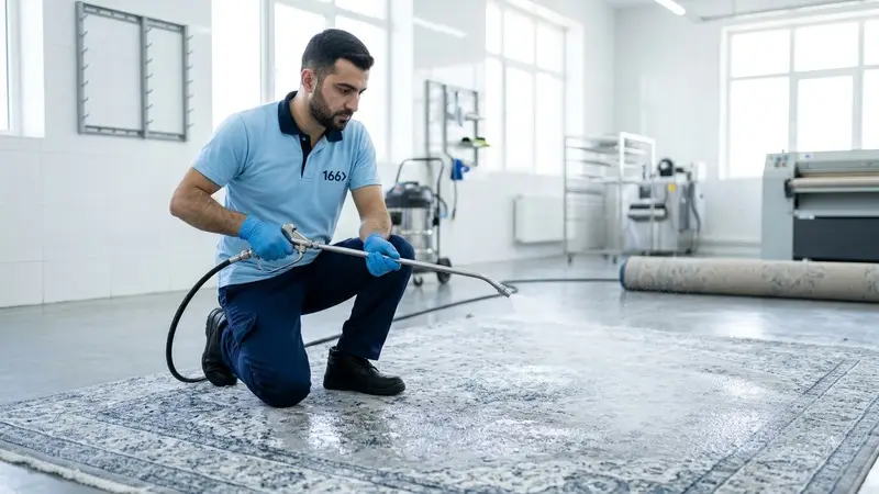 166 Carpet Cleaning specialist applying antibacterial treatment to a clean carpet