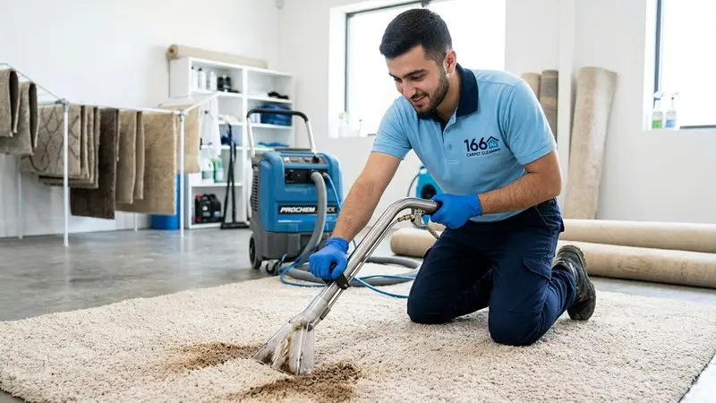 166 Carpet Cleaning specialist removing tough stains from a carpet with professional equipment