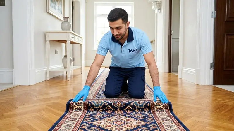 166 Carpet Cleaning worker unrolling a clean hallway runner carpet in an apartment corridor