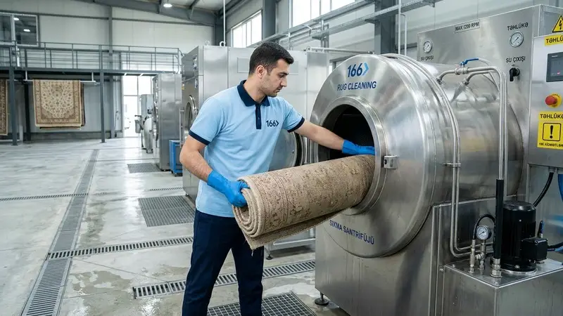 166 Carpet Cleaning worker placing a rolled wet carpet into a stainless-steel tubular centrifuge