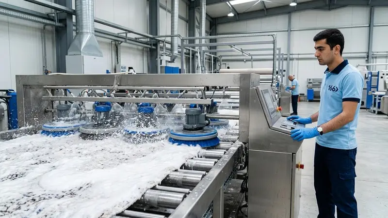 166 Carpet Cleaning technician operating an automated multi-brush conveyor carpet washing line