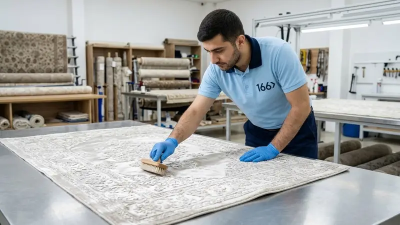 166 Carpet Cleaning specialist grooming the silky pile of a bamboo viscose relief carpet