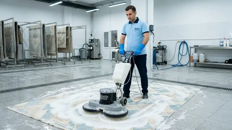 166 Carpet Cleaning worker washing a modern pastel acrylic rug with a rotary brush machine