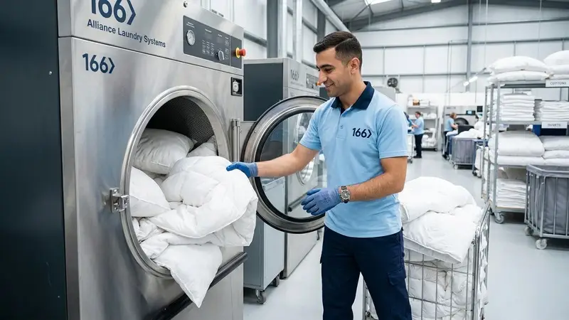 166 Laundry specialist loading white duvets and pillows into an industrial washing machine
