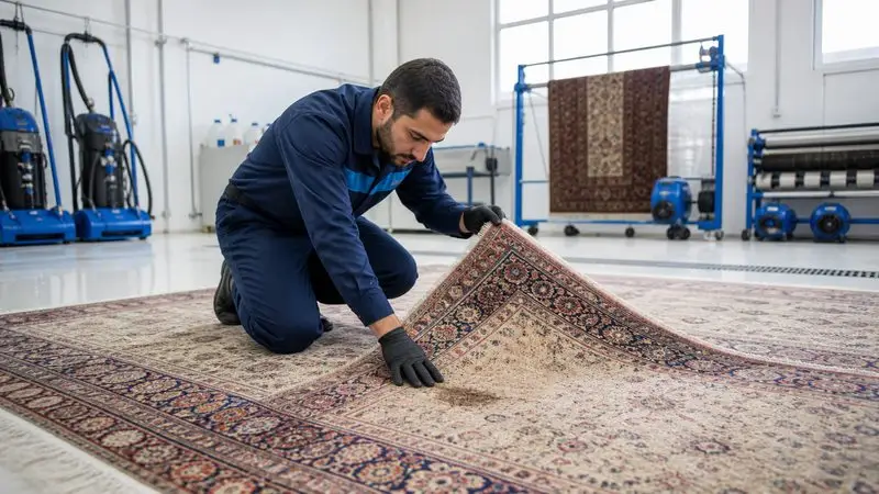 Xalçanın yuyulma ehtiyacını yoxlayan peşəkar əməkdaş