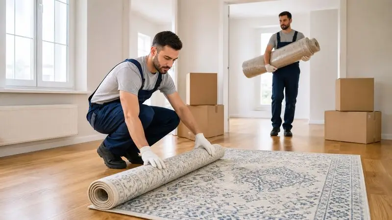 Yeni evə köç zamanı təmiz xalçanı yerləşdirən peşəkar