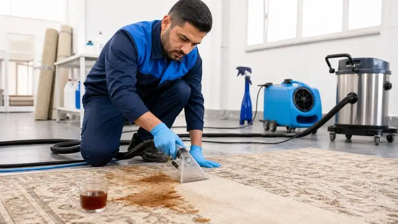Xalçadakı çay ləkəsini peşəkar avadanlıqla təmizləyən əməkdaş